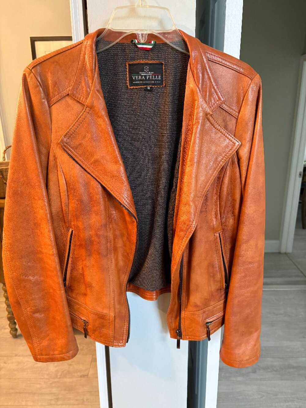 Cognac Italian Leather Moto Jacket - size 48